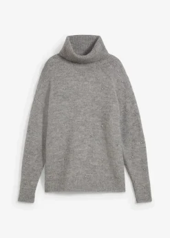 bonprix Pullover & Strickjacken|Strickmode^Rollkragenpullover mit Strasssteinen grau meliert