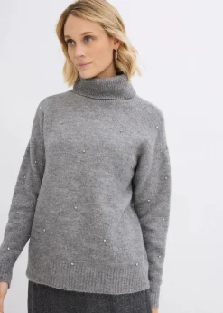bonprix Pullover & Strickjacken|Strickmode^Rollkragenpullover mit Strasssteinen grau meliert