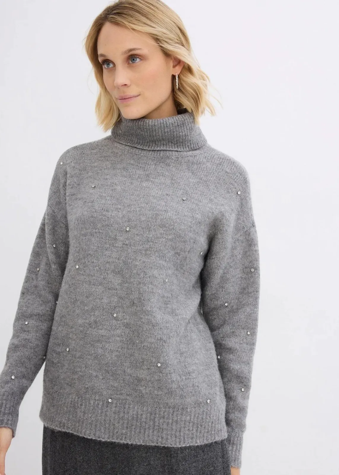 bonprix Pullover & Strickjacken|Strickmode^Rollkragenpullover mit Strasssteinen grau meliert
