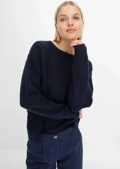 bonprix Strickmode|Pullover & Strickjacken^Rundhalspullover mit überschnittener Schulter dunkelblau