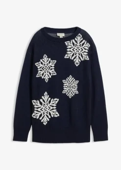 bonprix Bekleidung·Umstandsmode|Bekleidung·Jeans^Rundhalspullover mit Schneeflocken dunkelblau/wollweiß