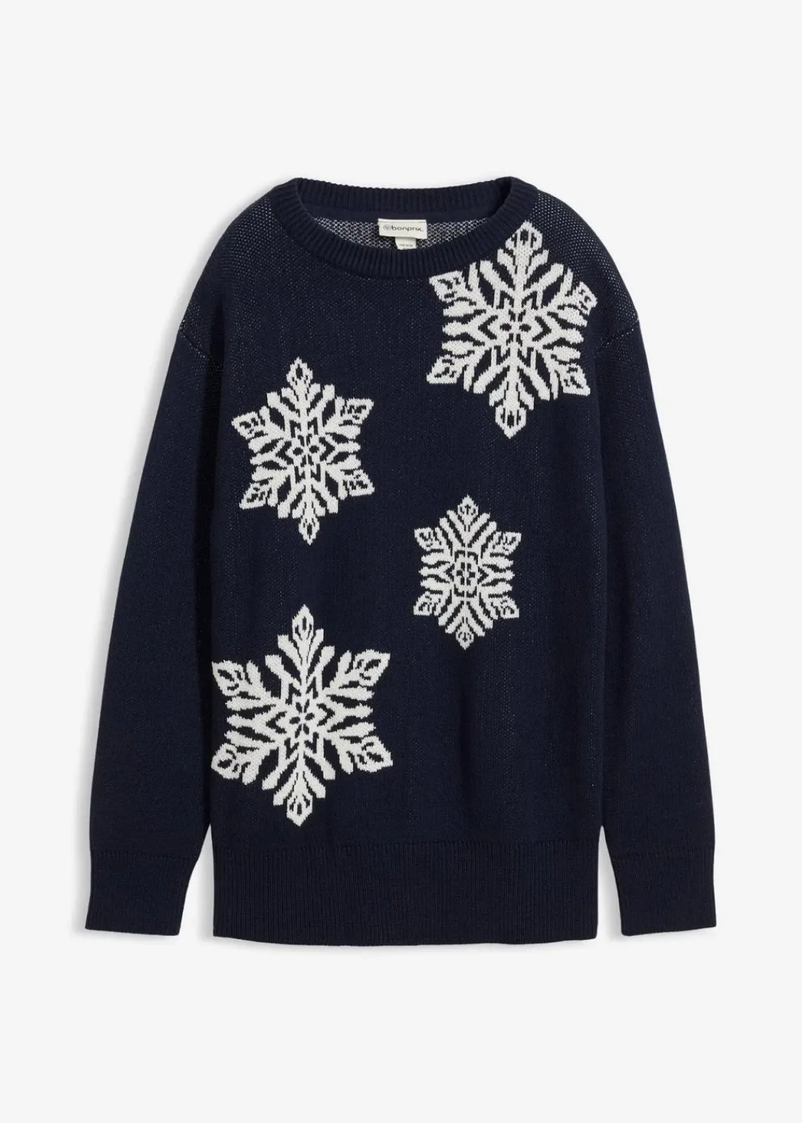 bonprix Bekleidung·Umstandsmode|Bekleidung·Jeans^Rundhalspullover mit Schneeflocken dunkelblau/wollweiß
