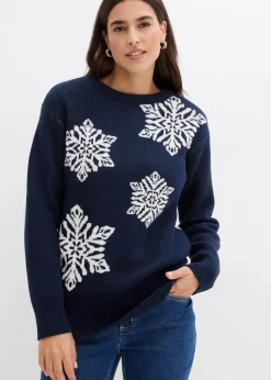 bonprix Bekleidung·Umstandsmode|Bekleidung·Jeans^Rundhalspullover mit Schneeflocken dunkelblau/wollweiß