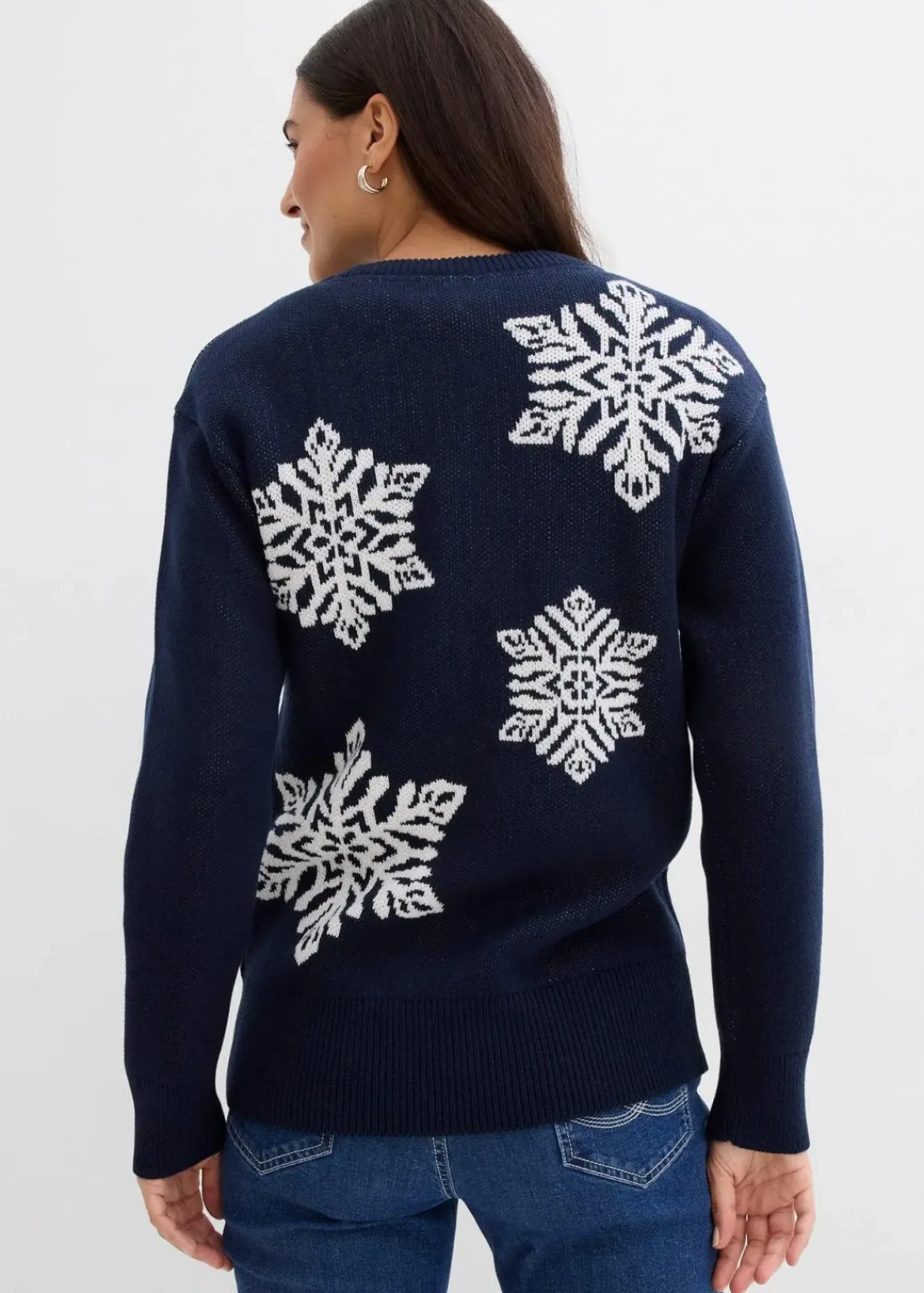 bonprix Bekleidung·Umstandsmode|Bekleidung·Jeans^Rundhalspullover mit Schneeflocken dunkelblau/wollweiß