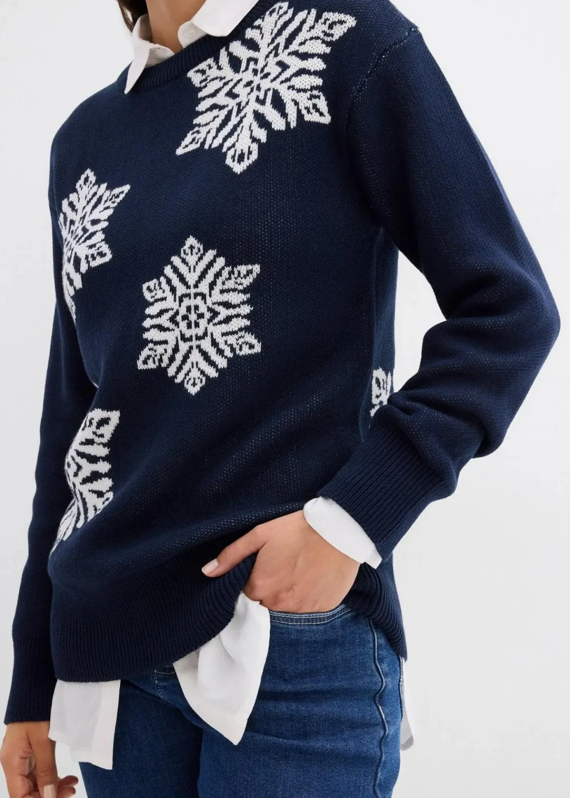 bonprix Bekleidung·Umstandsmode|Bekleidung·Jeans^Rundhalspullover mit Schneeflocken dunkelblau/wollweiß