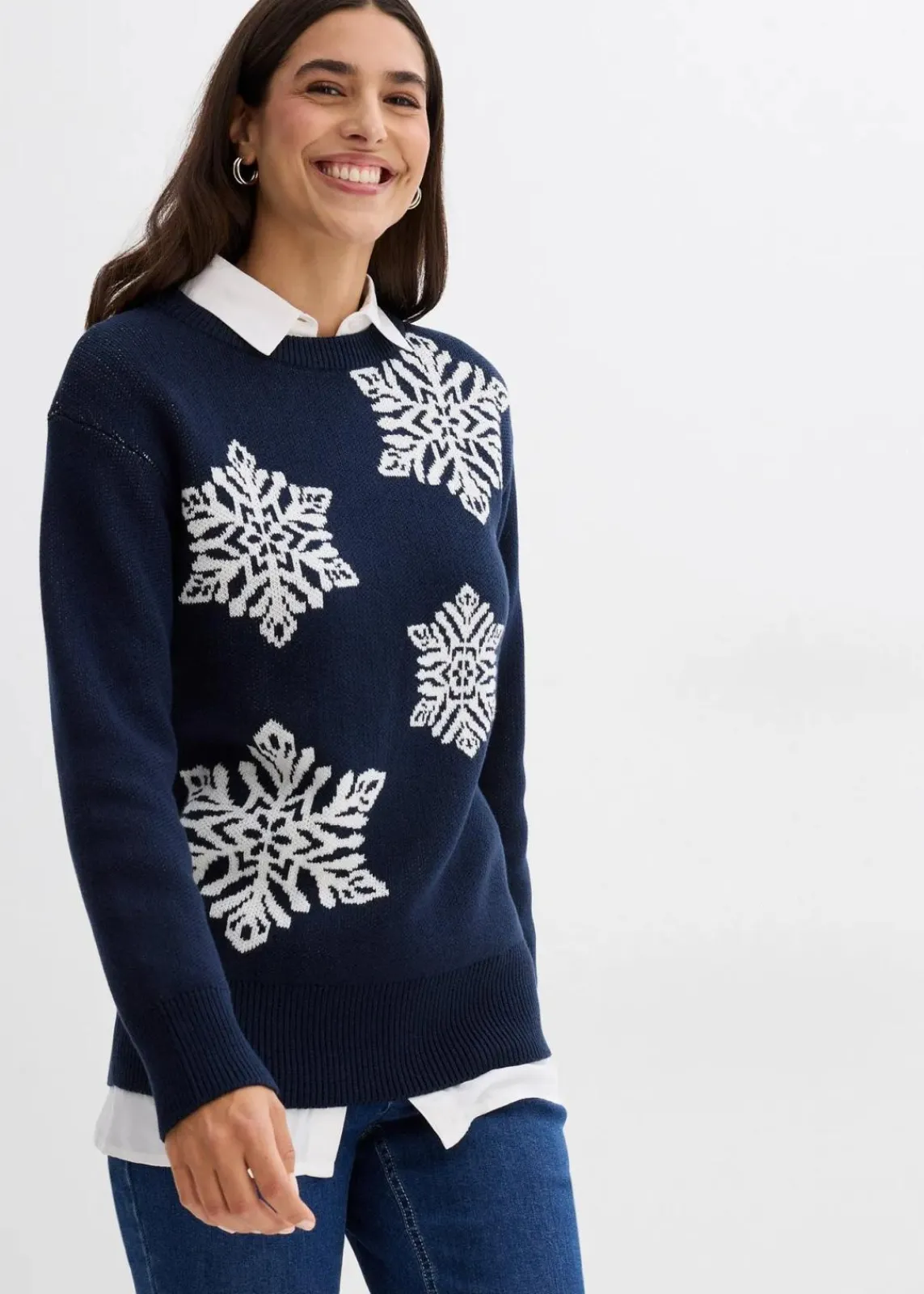 bonprix Bekleidung·Umstandsmode|Bekleidung·Jeans^Rundhalspullover mit Schneeflocken dunkelblau/wollweiß
