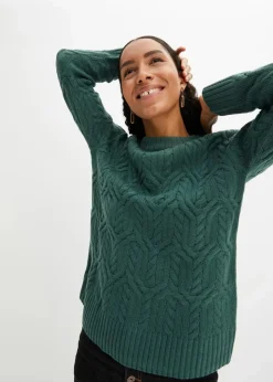 bonprix Strickmode|Pullover & Strickjacken^Rundhals-Pullover mit Zopfmuster mattgrün