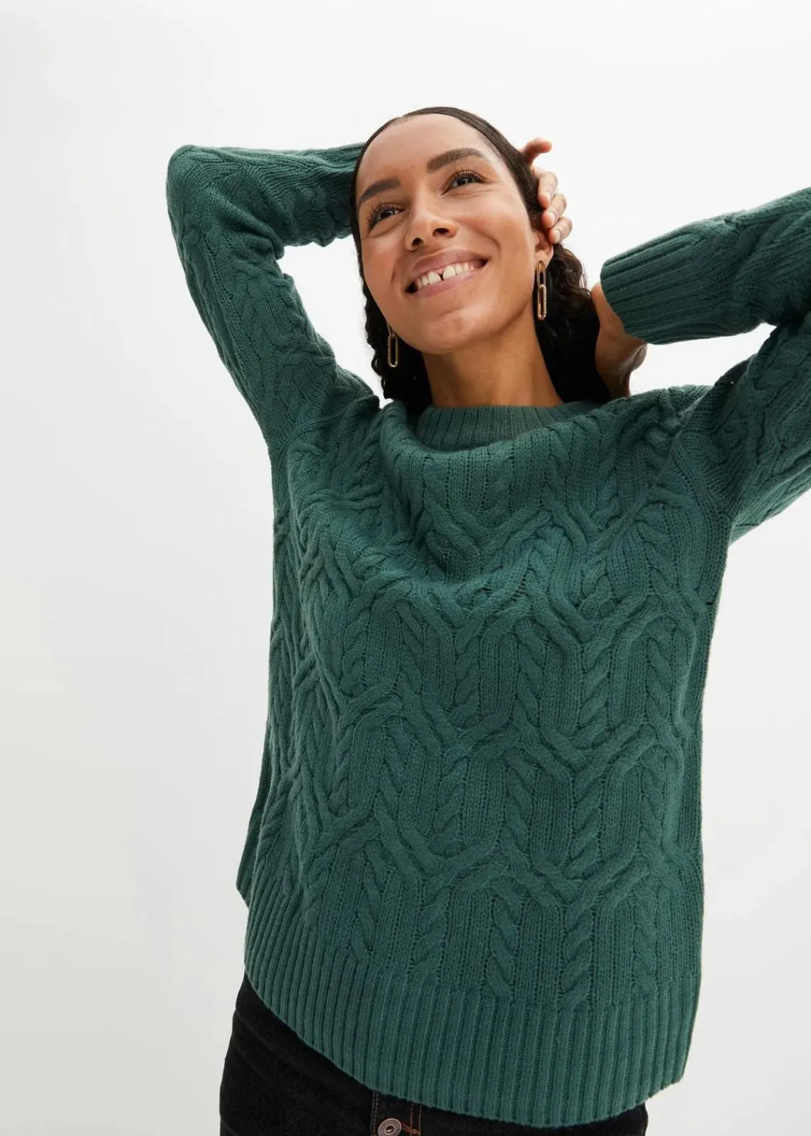 bonprix Strickmode|Pullover & Strickjacken^Rundhals-Pullover mit Zopfmuster mattgrün