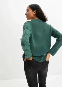 bonprix Strickmode|Pullover & Strickjacken^Rundhals-Pullover mit Zopfmuster mattgrün