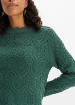 bonprix Strickmode|Pullover & Strickjacken^Rundhals-Pullover mit Zopfmuster mattgrün