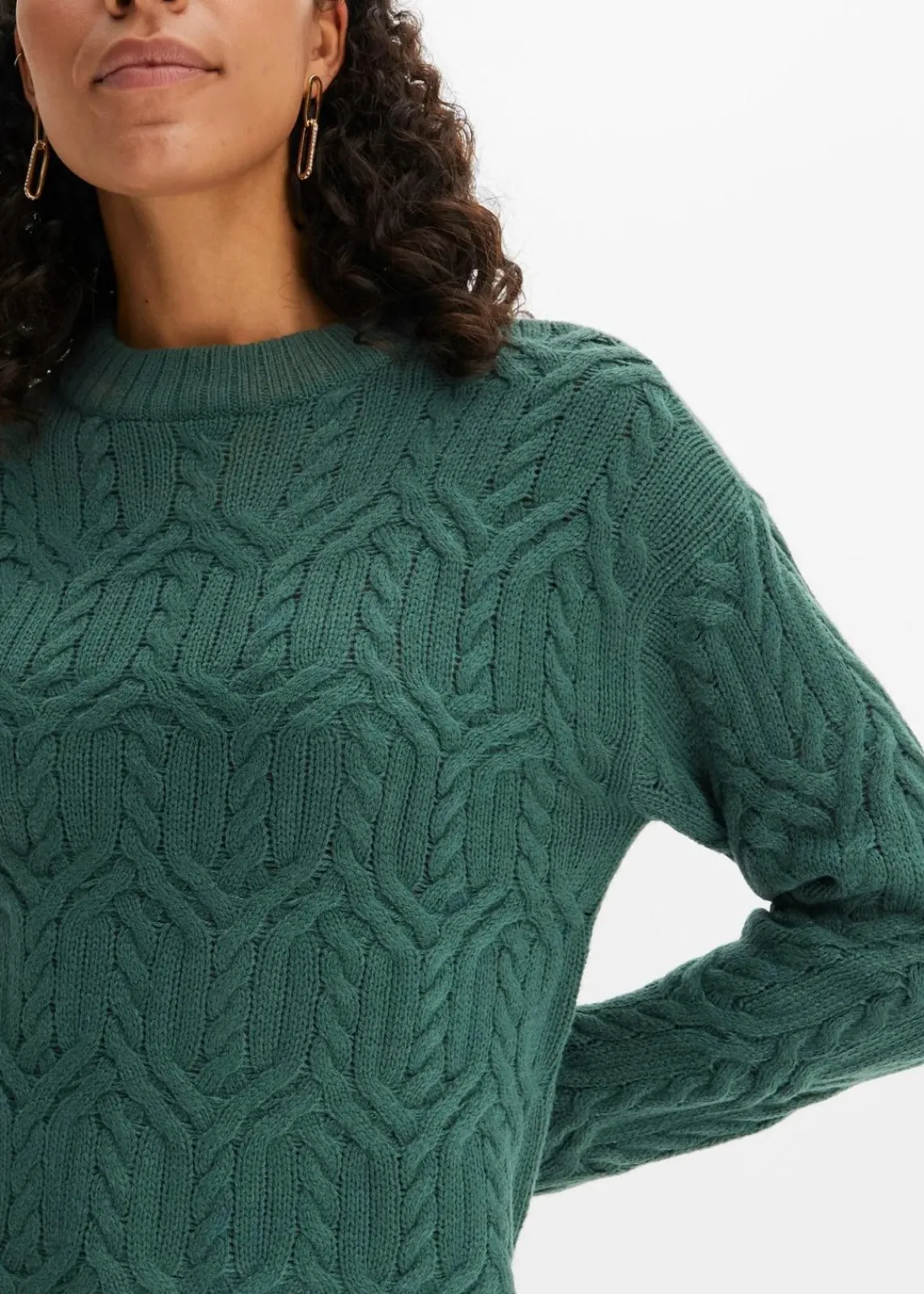 bonprix Strickmode|Pullover & Strickjacken^Rundhals-Pullover mit Zopfmuster mattgrün