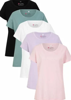 bonprix Shirts & Tops|Basics^Rundhals-Shirt (5er-Pack) hellviolett + rauchsalbei + kristallrosa + schwarz + weiß