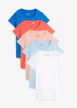 bonprix Shirts & Tops|Basics^Rundhals-Shirt (5er-Pack) hellkoralle + hummer + hellblau + azurblau + weiß