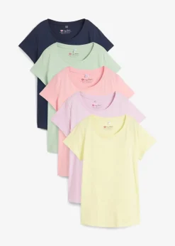 bonprix Shirts & Tops|Basics^Rundhals-Shirt (5er-Pack) softrosa + softflieder + mint + softlimette + dunkelblau