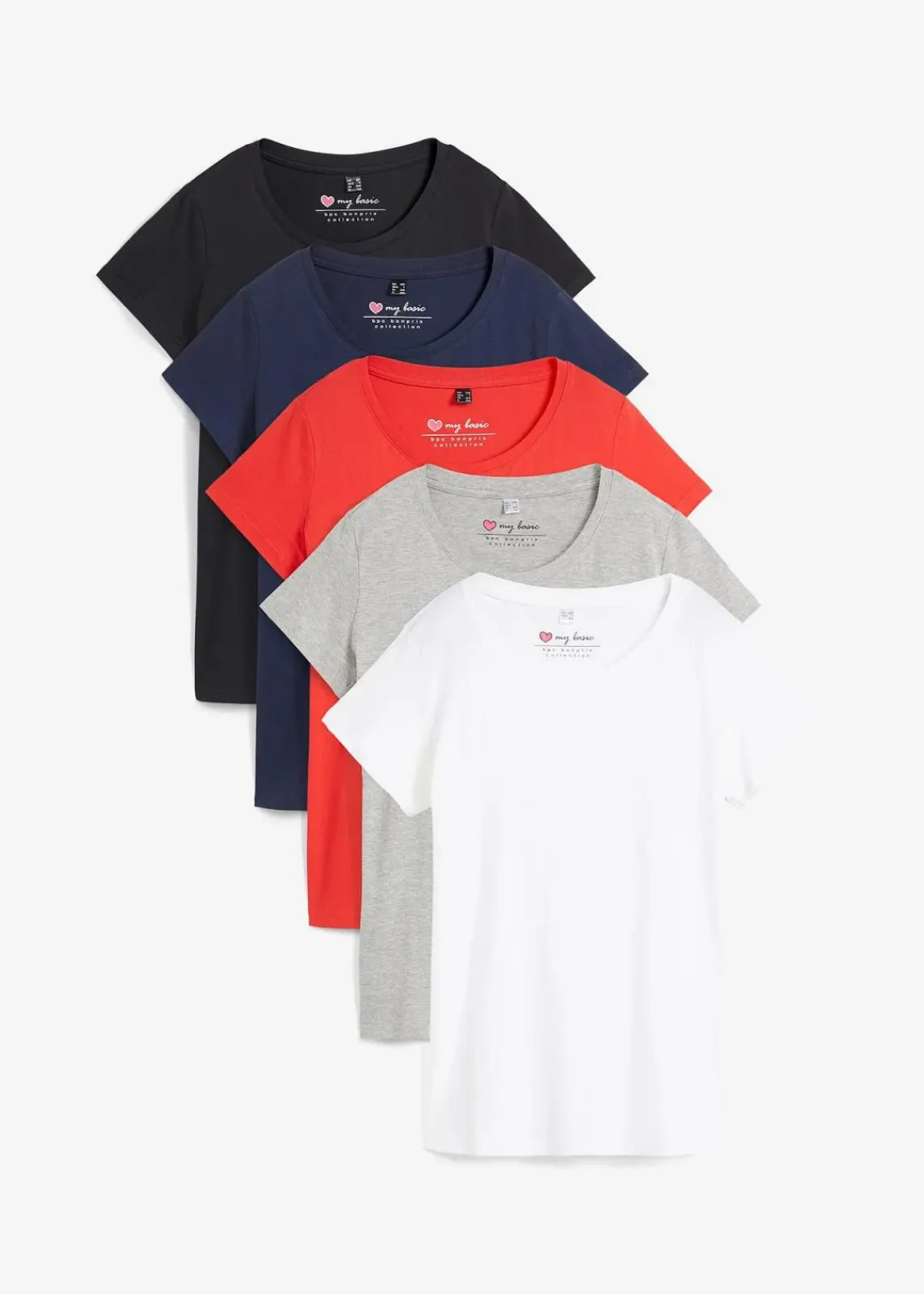 bonprix Shirts & Tops|Basics^Rundhals-Shirt (5er-Pack) erdbeere + weiß + hellgrau meliert + dunkelblau + schwarz