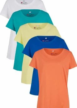 bonprix Shirts & Tops|Basics^Rundhals-Shirt (5er-Pack) lachsorange + azurblau + helllimone + smaragd + weiß