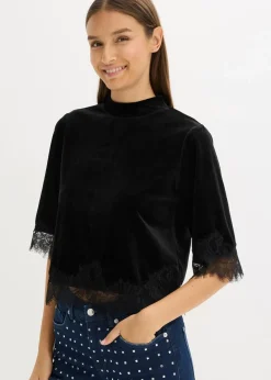 bonprix Shirts & Tops^Samtshirt mit Spitze schwarz