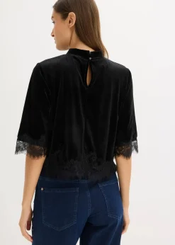 bonprix Shirts & Tops^Samtshirt mit Spitze schwarz