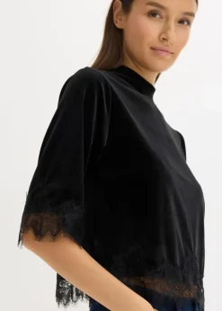 bonprix Shirts & Tops^Samtshirt mit Spitze schwarz