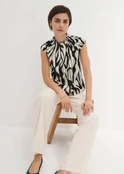 bonprix Bekleidung·Jacken & Mäntel|Blusen & Tuniken^Satin Blusentop naturbeige/schwarz bedruckt