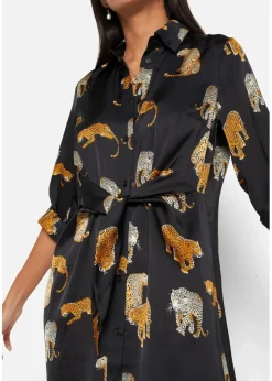 bonprix Bekleidung·Pullover & Strickjacken|Kleider^Satin Hemdblusenkleid schwarz leo bedruckt