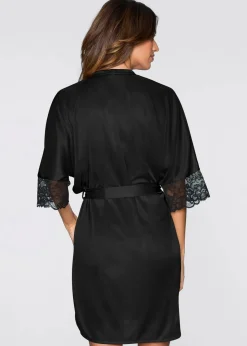 bonprix Wäsche·Dessous|Wäsche·Bademäntel^Satin Kimono mit Spitze schwarz