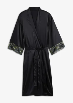 bonprix Wäsche·Dessous|Wäsche·Bademäntel^Satin Kimono mit Stickerei schwarz geblümt