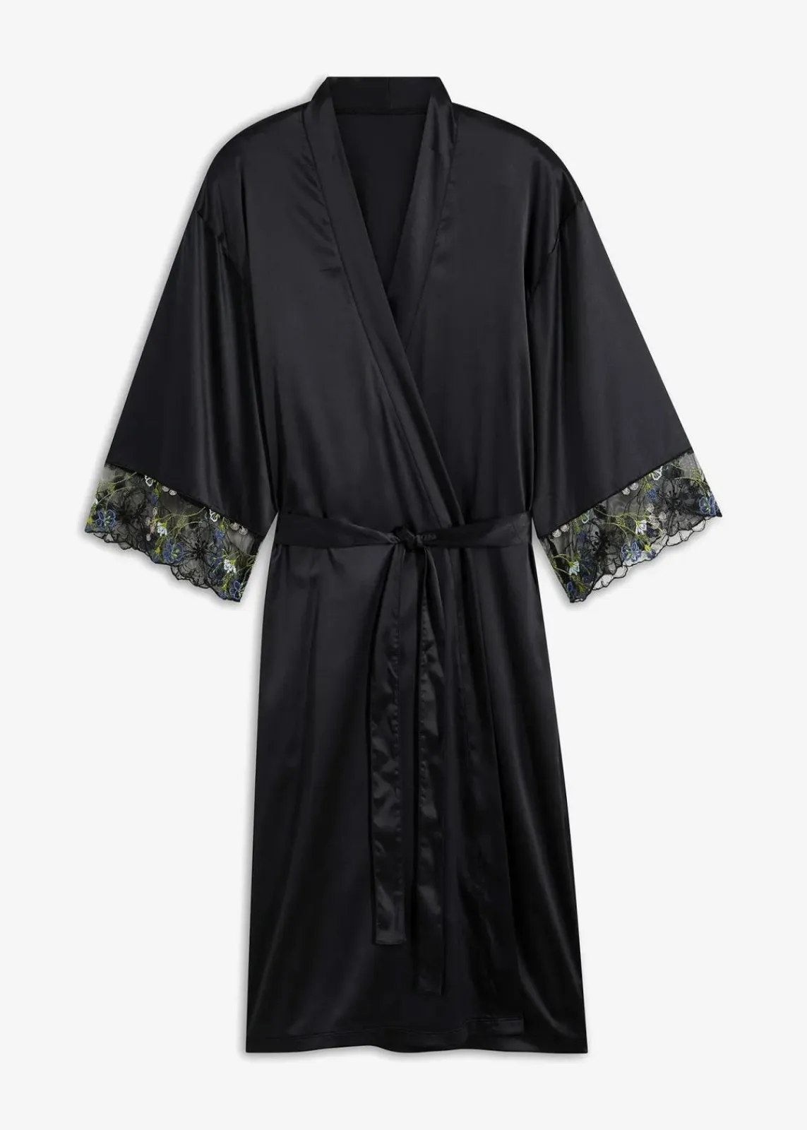 bonprix Wäsche·Dessous|Wäsche·Bademäntel^Satin Kimono mit Stickerei schwarz geblümt
