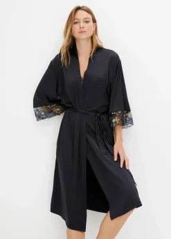 bonprix Wäsche·Dessous|Wäsche·Bademäntel^Satin Kimono mit Stickerei schwarz geblümt