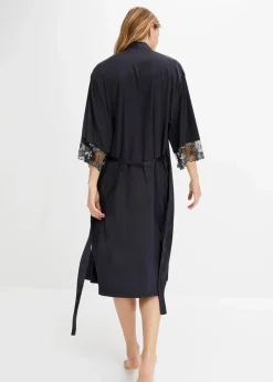 bonprix Wäsche·Dessous|Wäsche·Bademäntel^Satin Kimono mit Stickerei schwarz geblümt