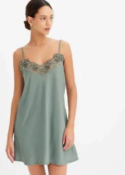bonprix Wäsche·Corsagen & Negligés|Wäsche·Dessous^Satin Negligé mit floraler Stickerei graugrün