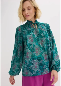 bonprix Bekleidung·Jacken & Mäntel|Blusen & Tuniken^Satin Tunika mit Biesen dunkelsmaragd/dunkelfuchsia paisley