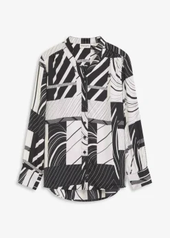 bonprix Bekleidung·Jacken & Mäntel|Blusen & Tuniken^Satinbluse schwarz/wollweiß graphisch bedruckt