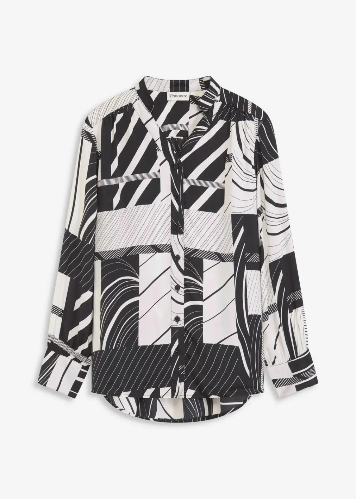 bonprix Bekleidung·Jacken & Mäntel|Blusen & Tuniken^Satinbluse schwarz/wollweiß graphisch bedruckt
