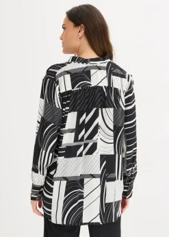 bonprix Bekleidung·Jacken & Mäntel|Blusen & Tuniken^Satinbluse schwarz/wollweiß graphisch bedruckt