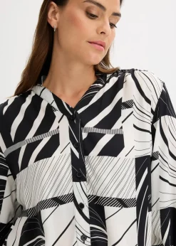 bonprix Bekleidung·Jacken & Mäntel|Blusen & Tuniken^Satinbluse schwarz/wollweiß graphisch bedruckt