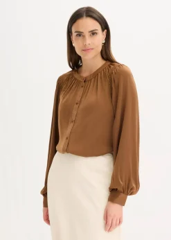bonprix Blusen & Tuniken|Bekleidung·Jacken & Mäntel^Satinbluse mit Spitzenbändern pimentbraun