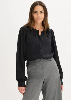 bonprix Bekleidung·Jacken & Mäntel|Blusen & Tuniken^Satinbluse mit Spitzenbändern schwarz