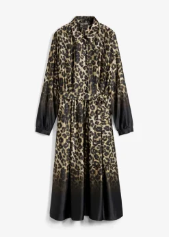 bonprix Bekleidung·Pullover & Strickjacken|Kleider^Satin-Hemdblusenkleid schwarz/sand leo bedruckt