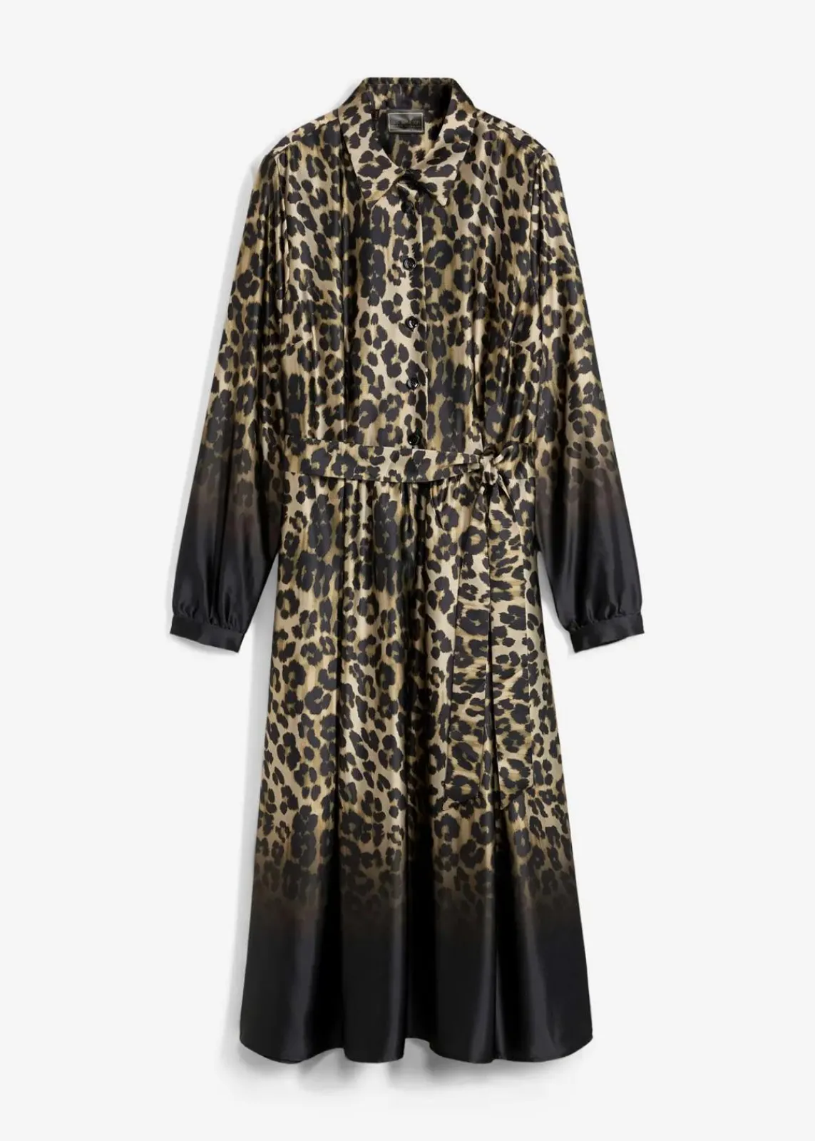 bonprix Bekleidung·Pullover & Strickjacken|Kleider^Satin-Hemdblusenkleid schwarz/sand leo bedruckt