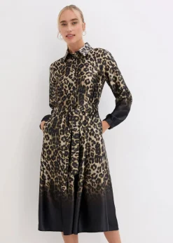 bonprix Bekleidung·Pullover & Strickjacken|Kleider^Satin-Hemdblusenkleid schwarz/sand leo bedruckt