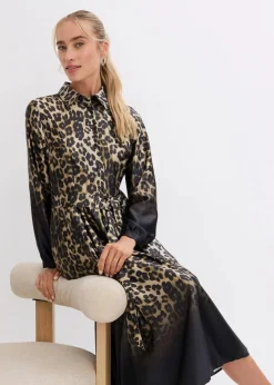 bonprix Bekleidung·Pullover & Strickjacken|Kleider^Satin-Hemdblusenkleid schwarz/sand leo bedruckt
