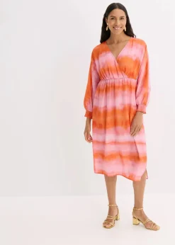 bonprix Kleider|Bekleidung·Pullover & Strickjacken^Satin-Midikleid mit Batik-Print rosa/orange bedruckt