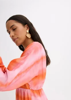 bonprix Kleider|Bekleidung·Pullover & Strickjacken^Satin-Midikleid mit Batik-Print rosa/orange bedruckt