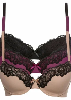 bonprix Große Cups D-H|Nachhaltigere Materialien^Schalen BH (3er Pack) hellbraun/schwarz + schwarz/schwarz + beere/schwarz
