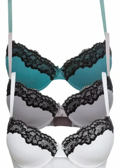 bonprix Große Cups D-H|Nachhaltigere Materialien^Schalen BH (3er Pack) weiß/schwarz + schwarz/mauve + schwarz/mattkobalttürkis
