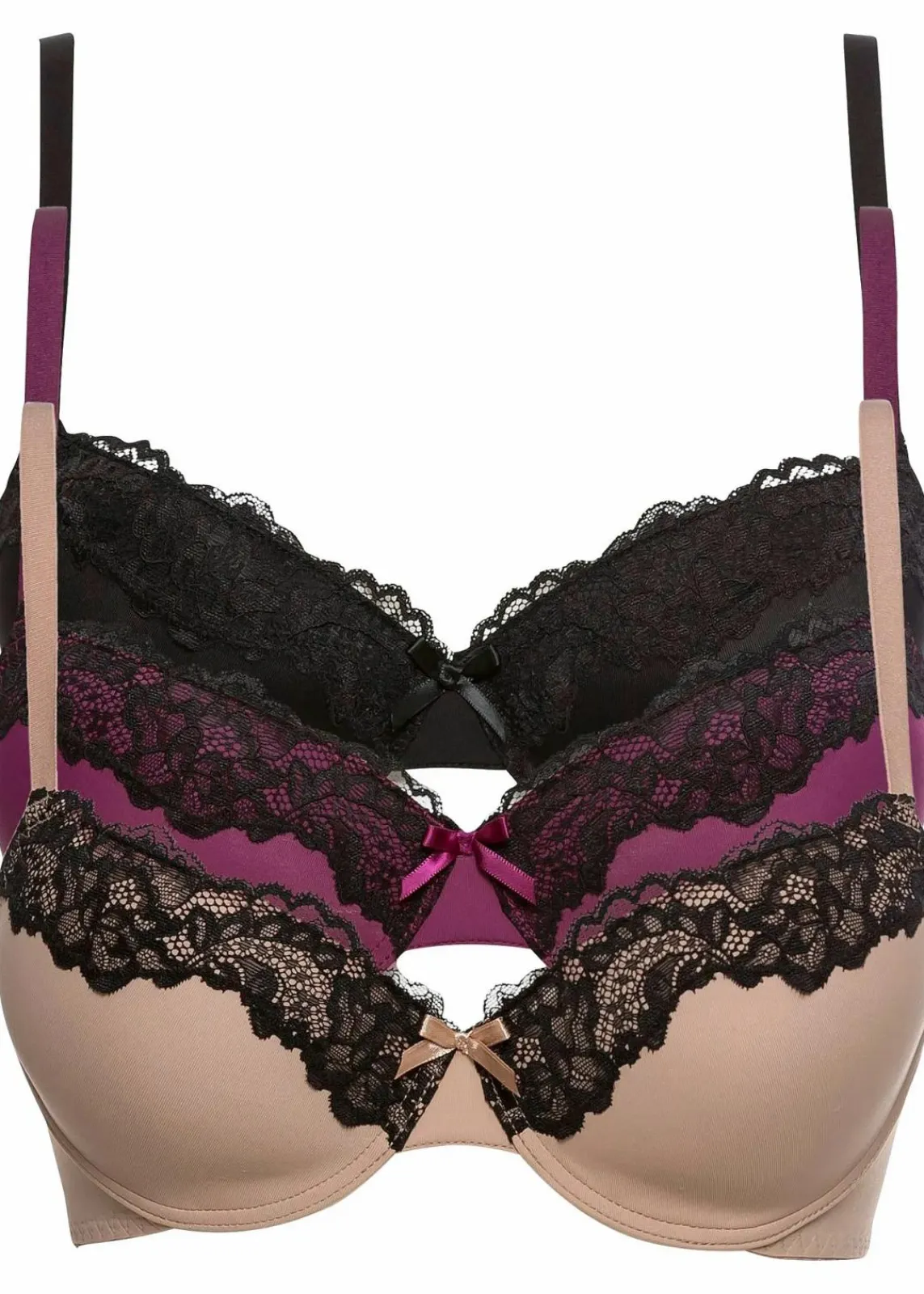 bonprix Große Cups D-H|Nachhaltigere Materialien^Schalen BH (3er Pack) hellbraun/schwarz + schwarz/schwarz + beere/schwarz