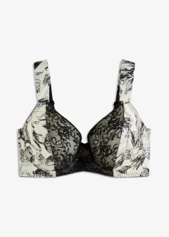 bonprix Wäsche·Dessous|Wäsche·Große Cups D-H^Schalen BH mit Bügel und glänzendem Material naturbeige/schwarz geblümt