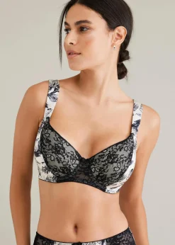 bonprix Wäsche·Dessous|Wäsche·Große Cups D-H^Schalen BH mit Bügel und glänzendem Material naturbeige/schwarz geblümt