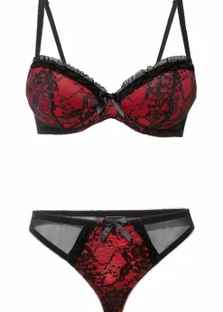 bonprix Große Cups D-H|Bhs^Schalen BH mit Bügel+String (2-tlg.Set) schwarz/rot